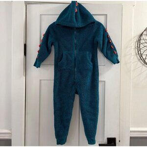 Hanna Andersson Marshmallow Blue Dinosaur Fleece Hooded Jumpsuit Sleeper Sz S